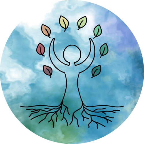 Logo projektu Wzrost od wewnątrz na akwarelowym kole. Kontur postaci człowieka stylizowany na kształt drzewa: rozpostarte ramiona tworzą koronę z kolorowymi liśćmi, a dolna część przechodzi w korzenie. Symbolizuje rozwój, który zaczyna się w Tobie.
