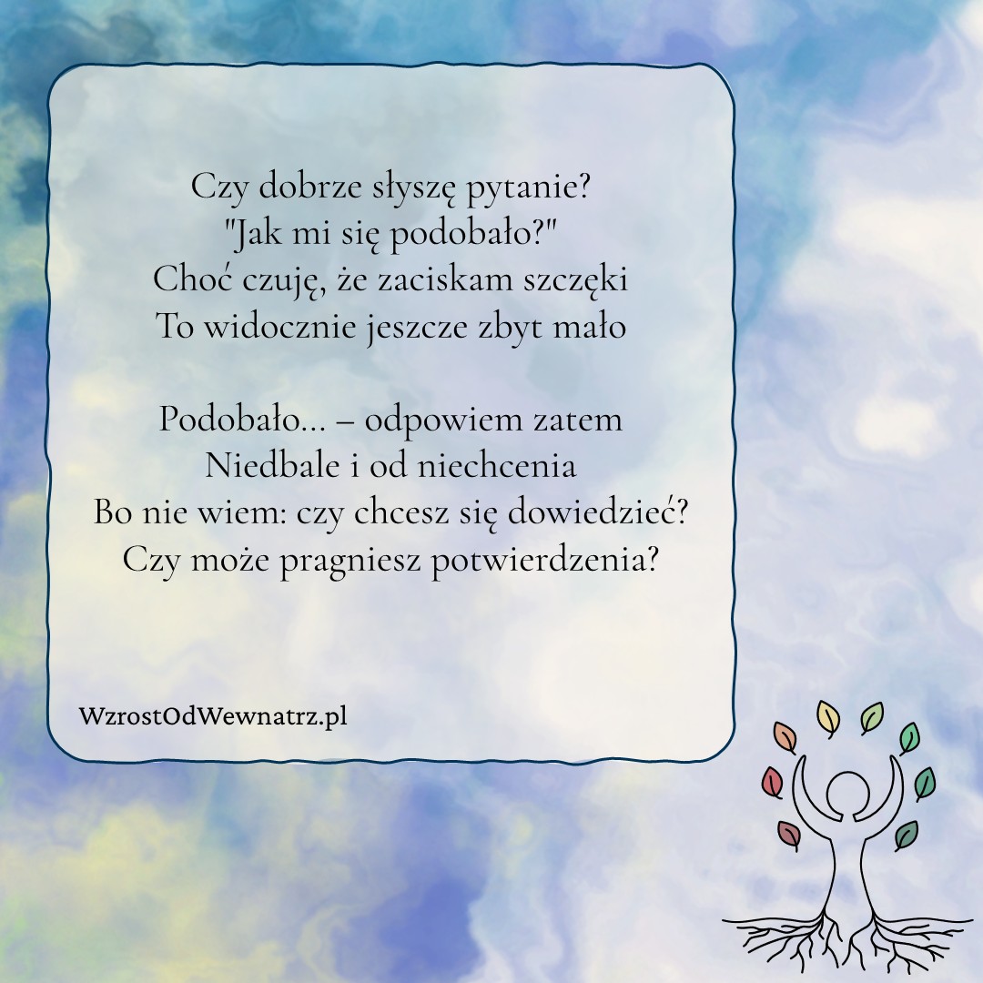 Ilustracja prezentuje wiersz o aktywnym słuchaniu użyty w artykule. Pole z wierszem jest umieszczone na barwnym tle różnokolorowych plam farb akwarelowych.