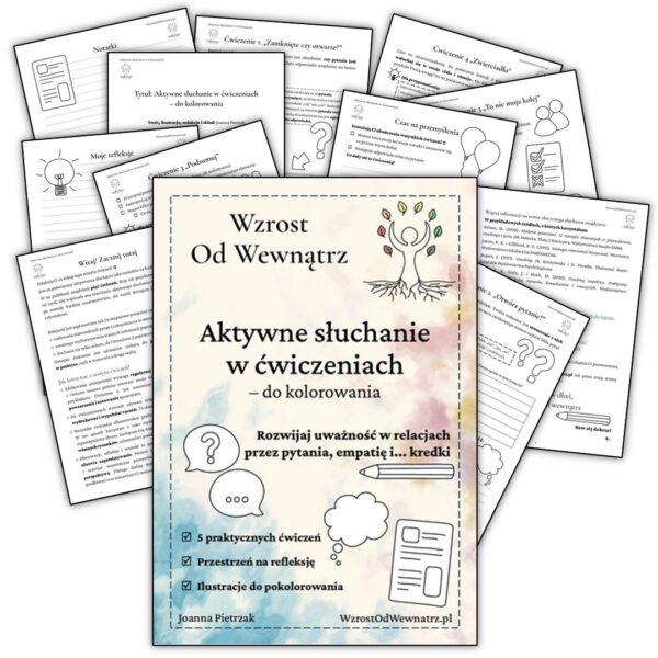 Ilustracja przedstawia okładkę ebooka Aktywne słuchanie w ćwiczeniach do kolorowania oraz wymieszane karty prezentujące zawartość ebooka.