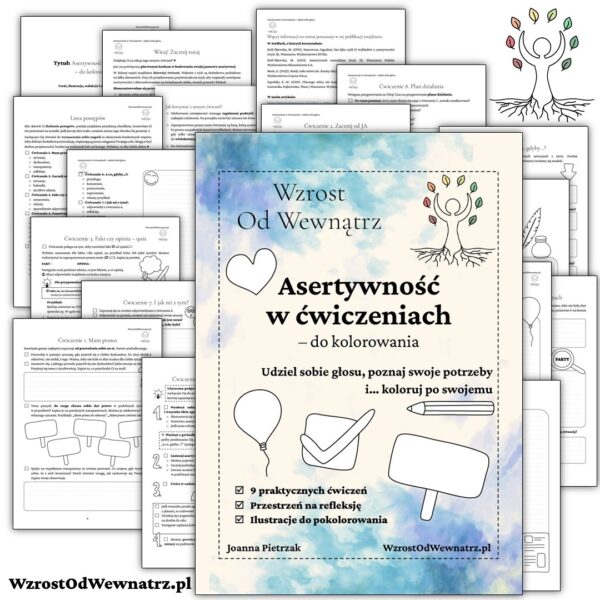 Mockup zeszytu ćwiczeń „Asertywność w ćwiczeniach – do kolorowania”. Na pierwszym planie widoczna okładka z ilustracjami balonika, znaku i kredki w stylu kreskówkowym, a w tle rozłożone strony prezentujące orientacyjnie zawartość zeszytu bez zdradzania szczegółów.